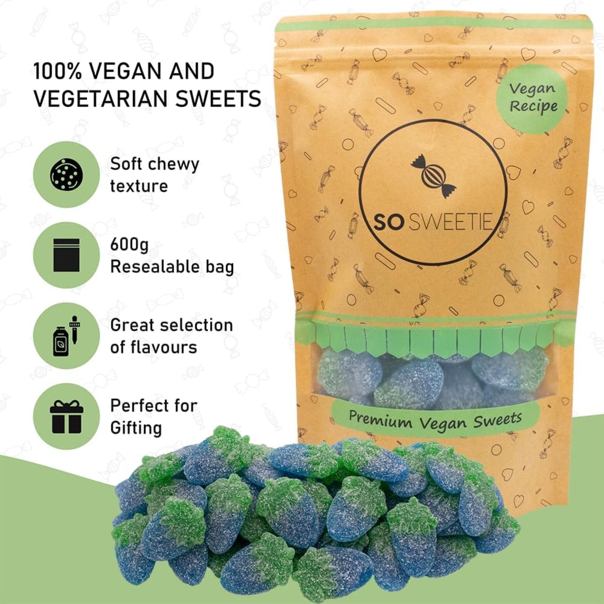 SoSweetie Vegan Fizzy Blue Raspberry Sweets | Vegan & Vegetarian | 600g Bag